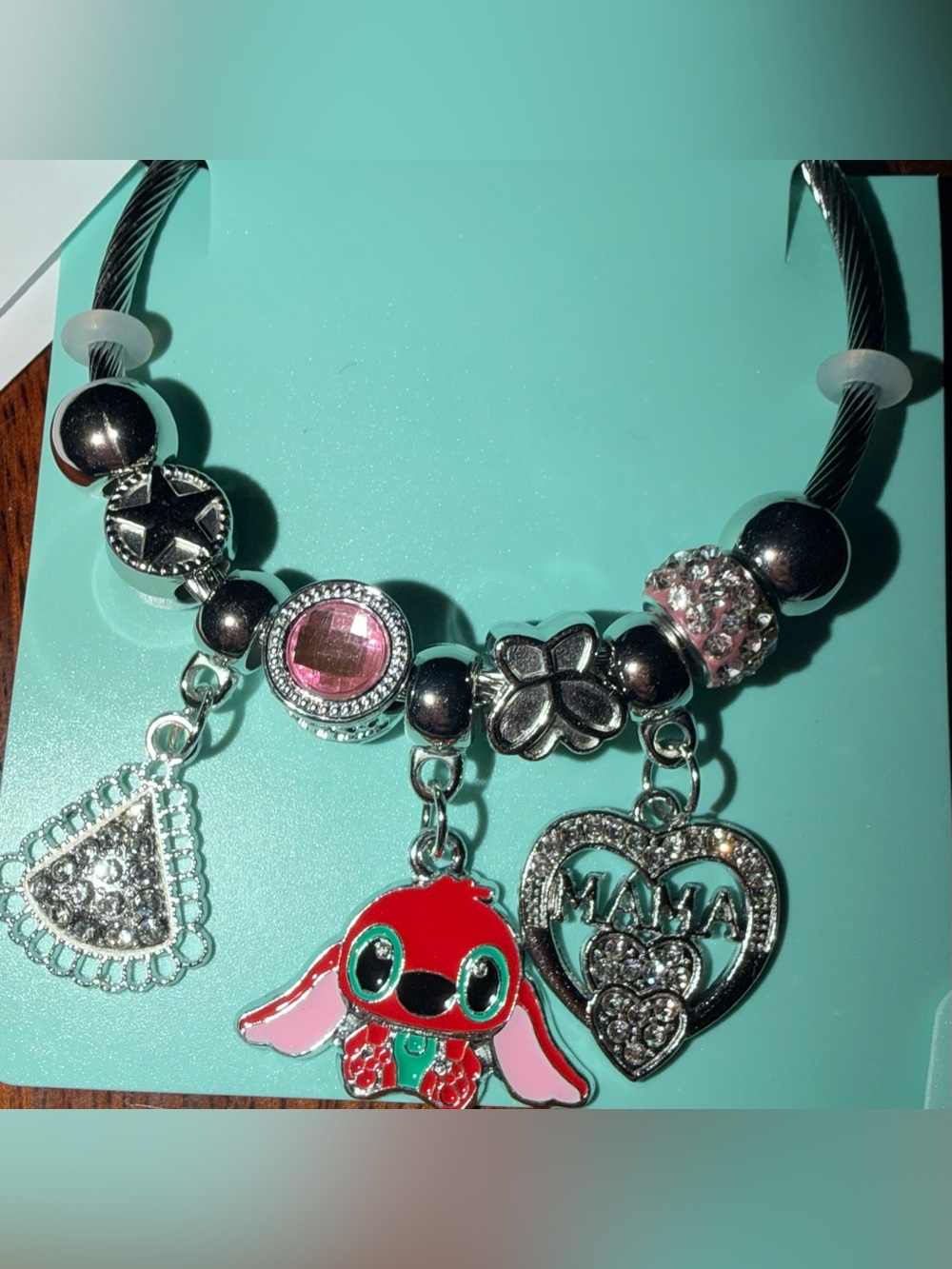 Disney Pink and Red Lilo&Stitch Charm Bracelet with 'MAMA' Heart and Character